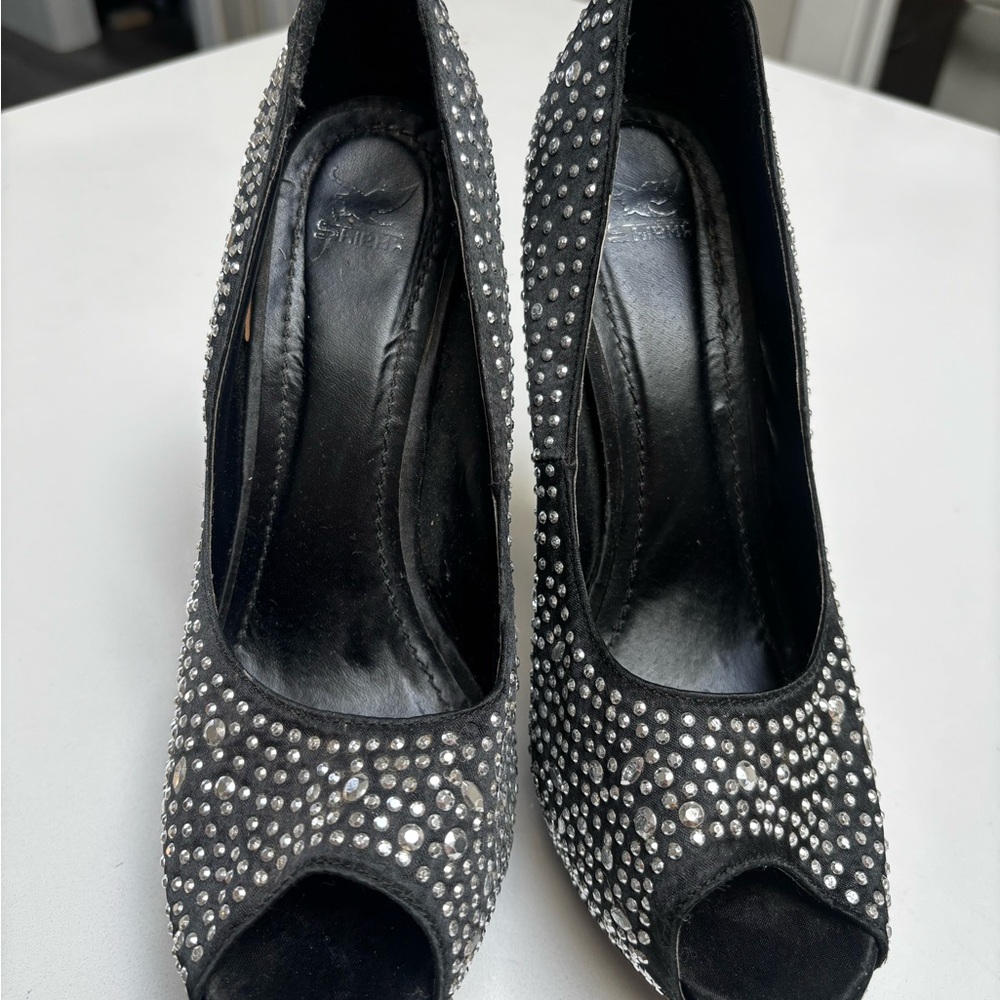 Schutz Black Peep-Toe Heels with Rhinestones